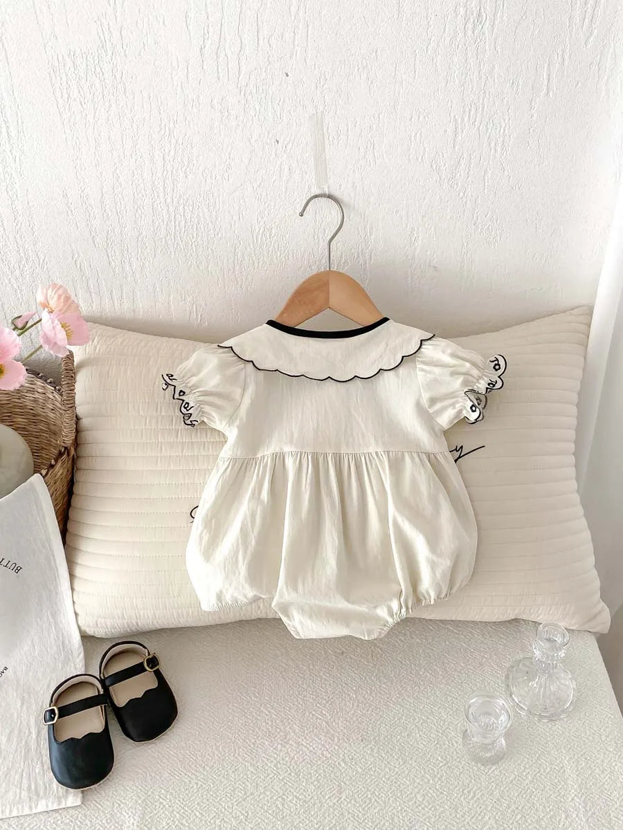 Baby Summer Embroidered Lapel Short Sleeve Triangle Jumpsuit