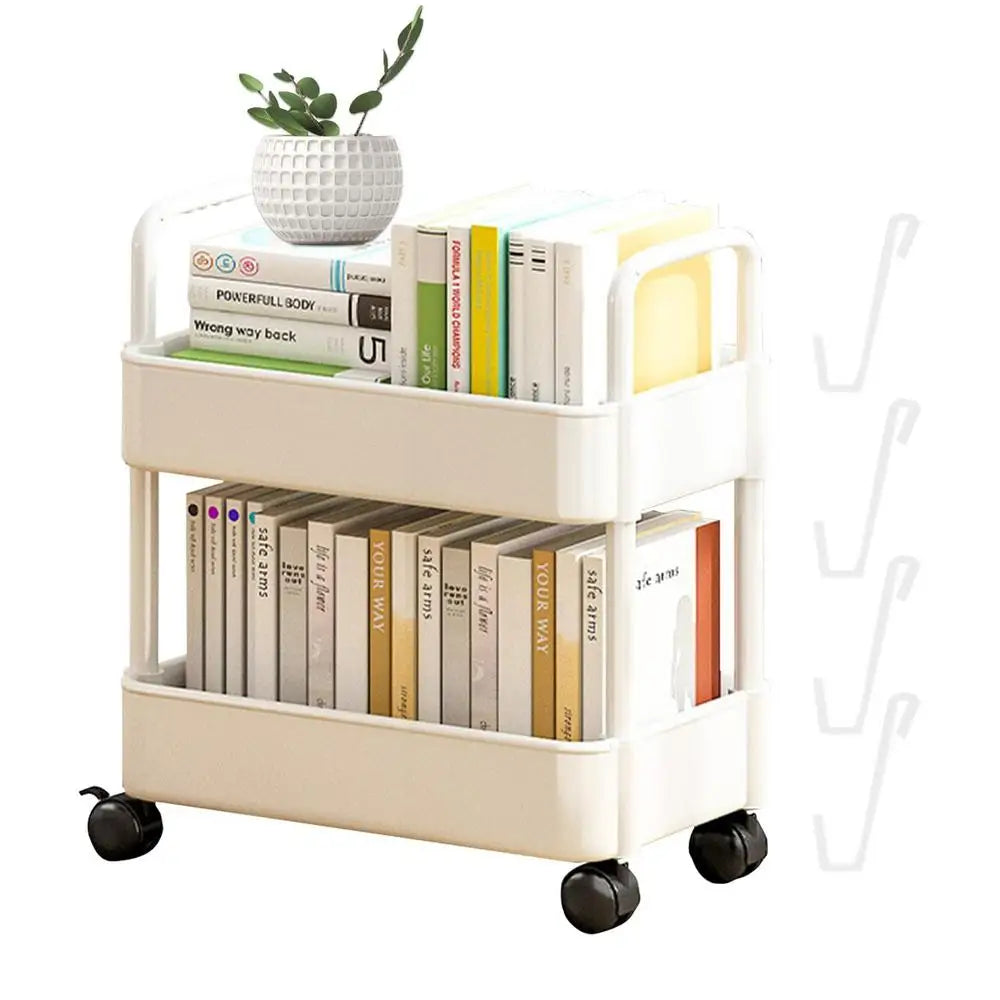 Under Table Storage Shelf with Wheel 2-Layer Movable Bookshelf Cart