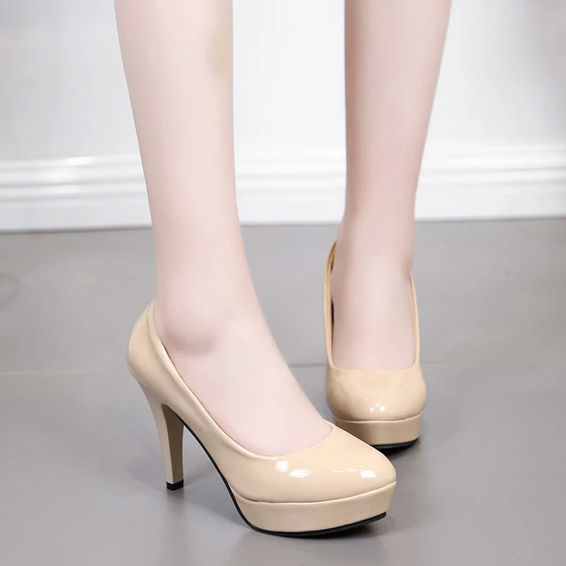 Waterproof platform high heels patent leather sexy round toe stiletto wedding shoes