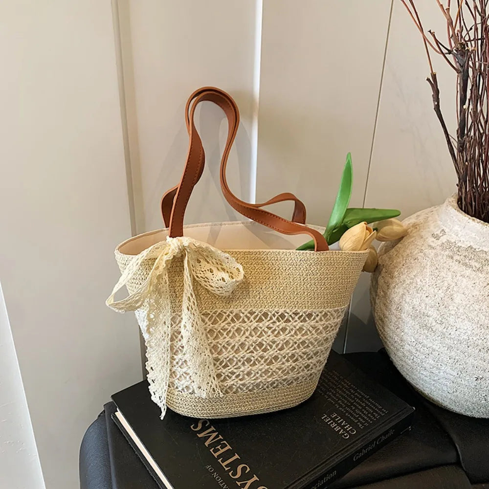 Shoulder Bag Sweet Woven Tote Bag Breathable Lace Ribbon Stripe