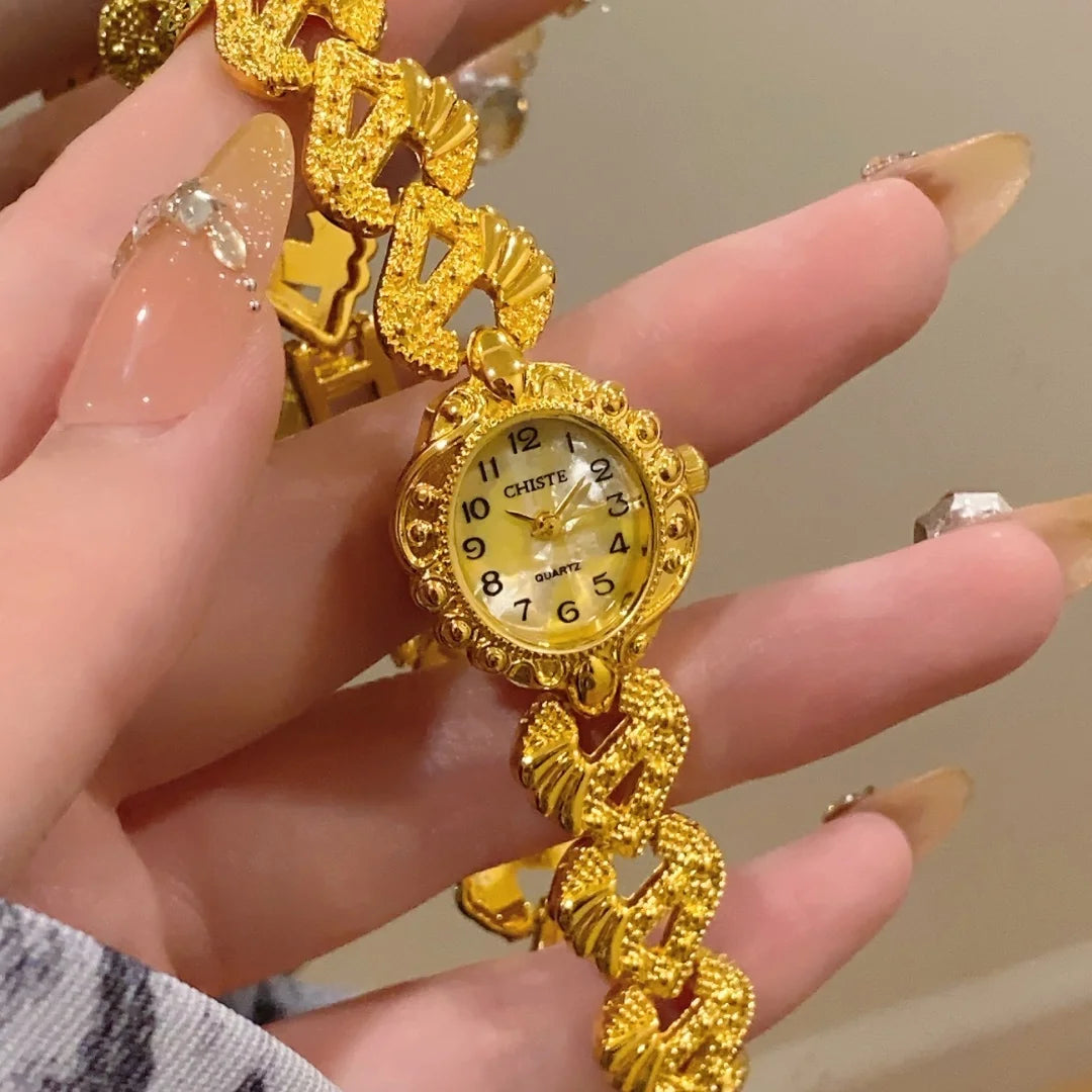 Vintage Gold Analog Quartz Watch Exquisite Arabic Numerals Dial