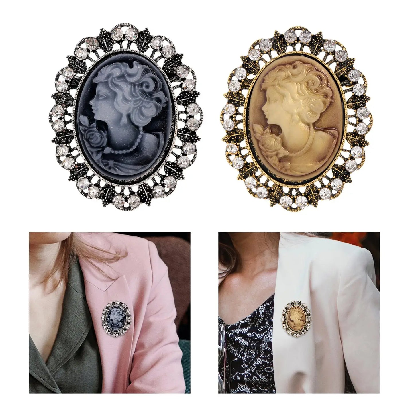 Lady Portrait Brooch Pin Rhinestone Vintage Style Gem Brooch