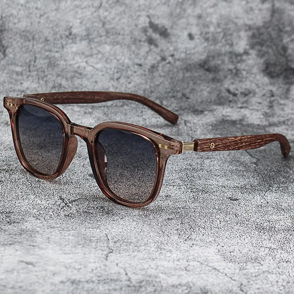 Trendy Retro Wood Grain Sunglasses Square Frame UV Protection