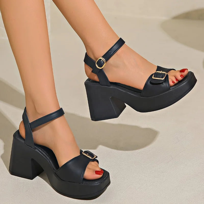 Sole sandals solid color casual shoes one line buckles high heel sandals