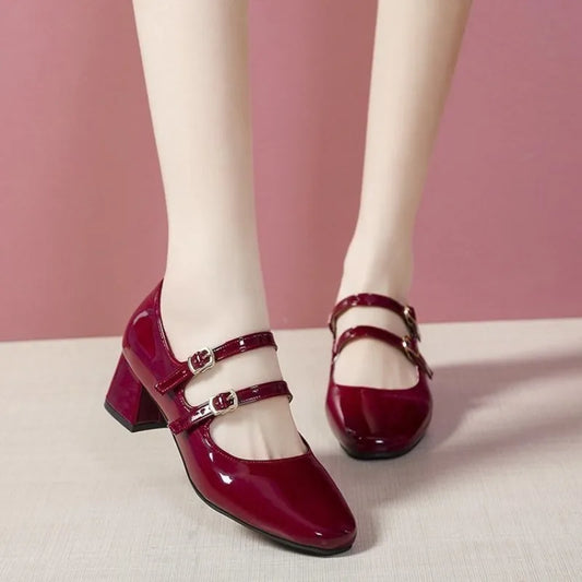 Women Double Buckle Mary Janes Patent Leather Dress Shoes High Heels Pumps Retro