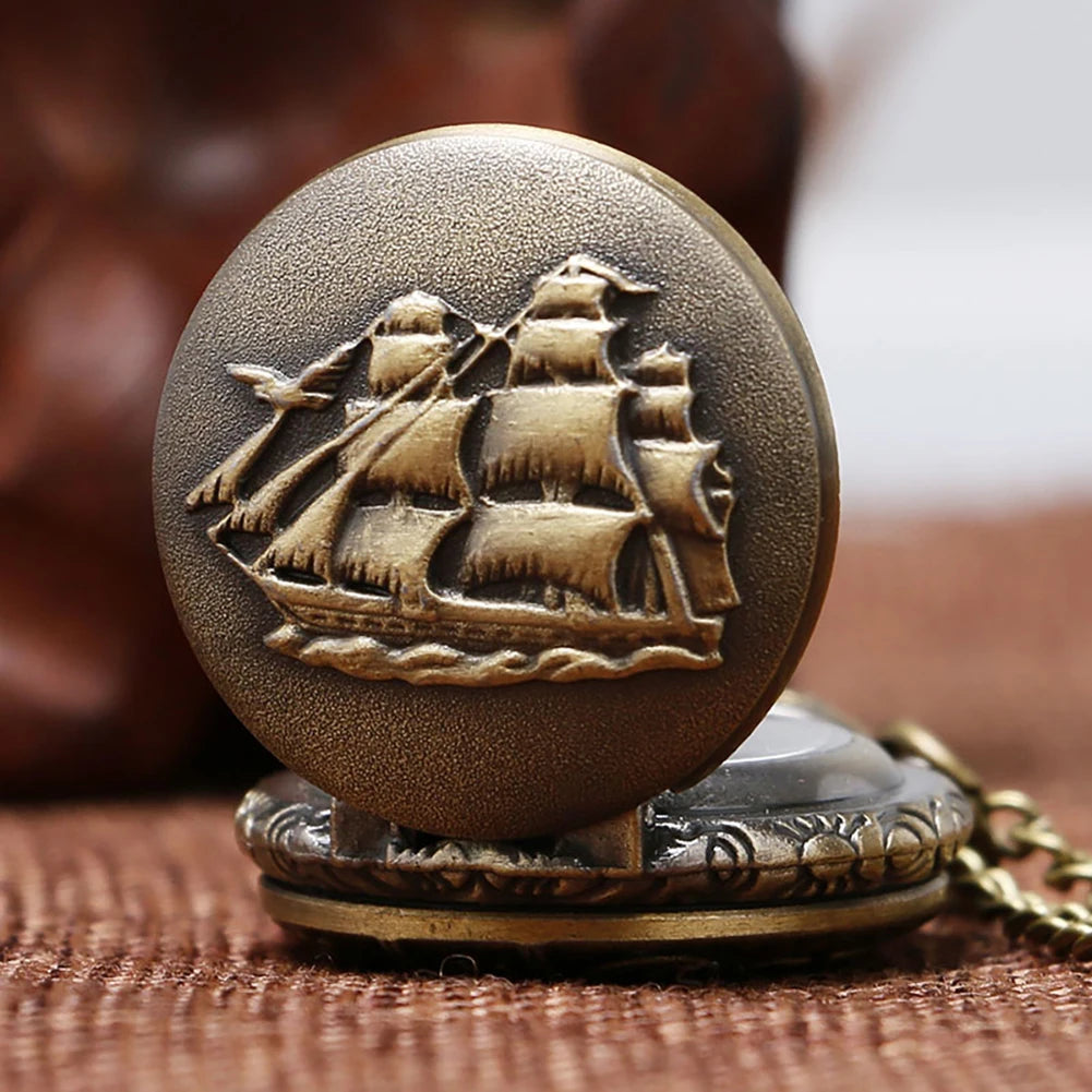 Vintage Bronze Retro Bronze Sailboat Design Small Size Quartz Pocket Watch