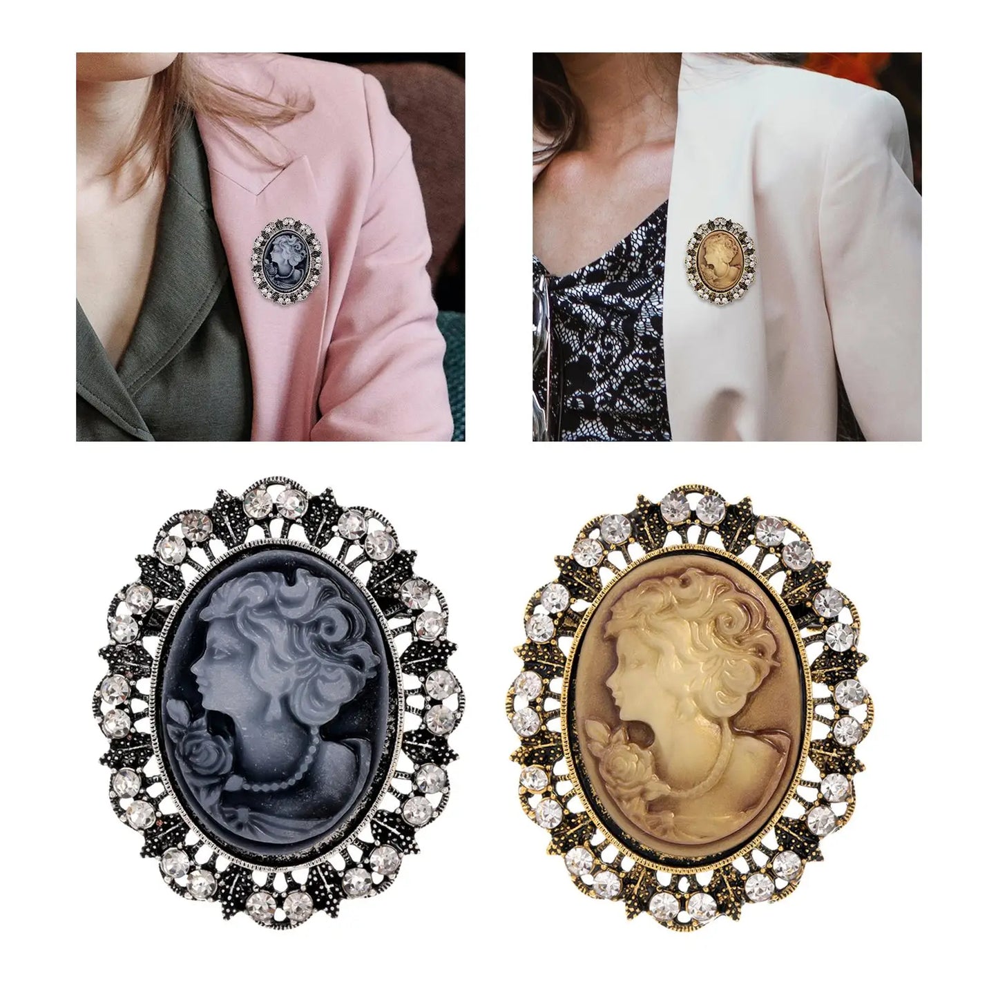 Lady Portrait Brooch Pin Rhinestone Vintage Style Gem Brooch
