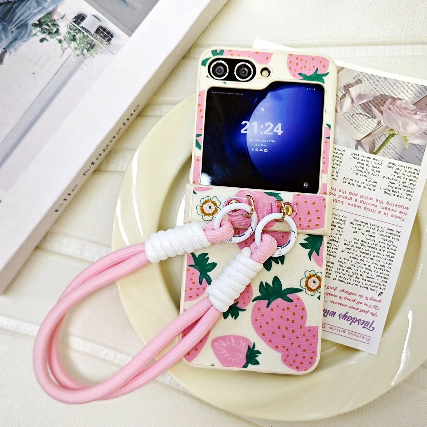 Pink Strawberry Portable Rope Phone Case for Samsung Galaxy Z Flip