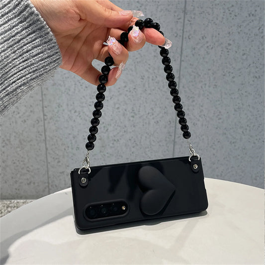 Black Beads Bracelet Chain 3D Love Heart Case for Samsung Galaxy Z Fold