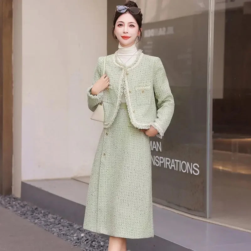 Elegant Tweed Tassel Long Sleeve Jacket Coat + High Waist Skirt