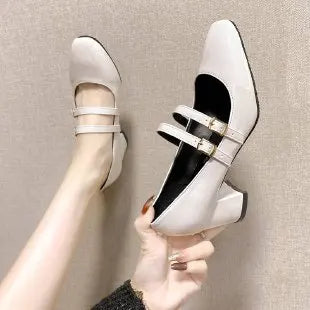 Women Double Buckle Mary Janes Patent Leather Dress Shoes High Heels Pumps Retro