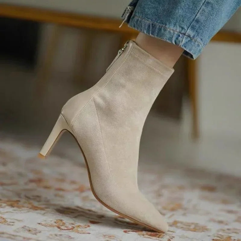 High Heel Suede Boots Women's Korean Style Mid Heel Stretch Thin Boots Pointed Toe