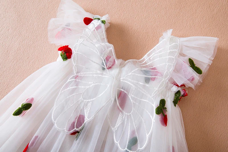 Little Flying Sleeve Dress Children's Bow Strawberry Embroidery