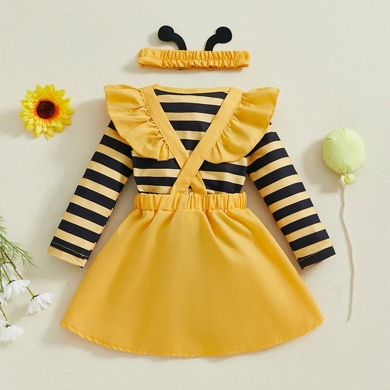 Autumn Skirt Sets Flying Sleeve Romper Bee Beetle Embroidery