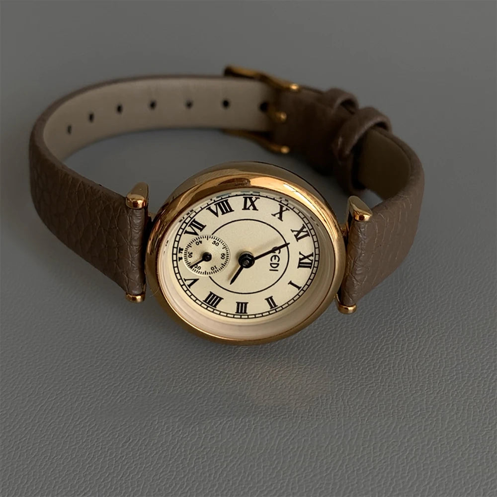 Vintage Temperament Small round dial quartz belt Watch