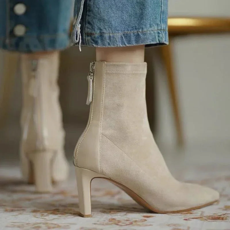 High Heel Suede Boots Women's Korean Style Mid Heel Stretch Thin Boots Pointed Toe