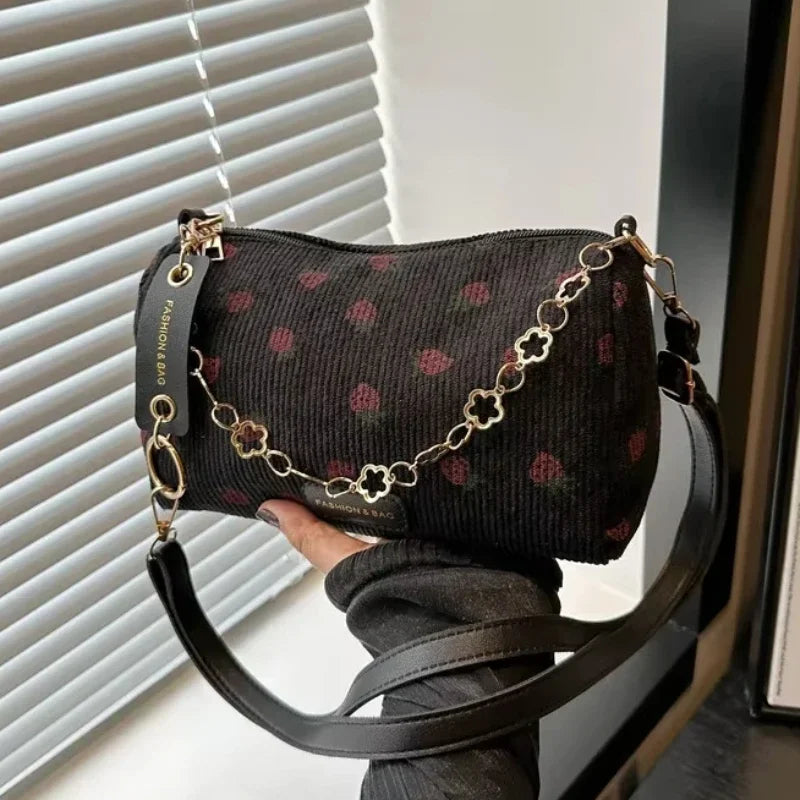 Corduroy Handbag Cute Strawberry Print Little Tote Half Moon Design Eco Cloth Purse