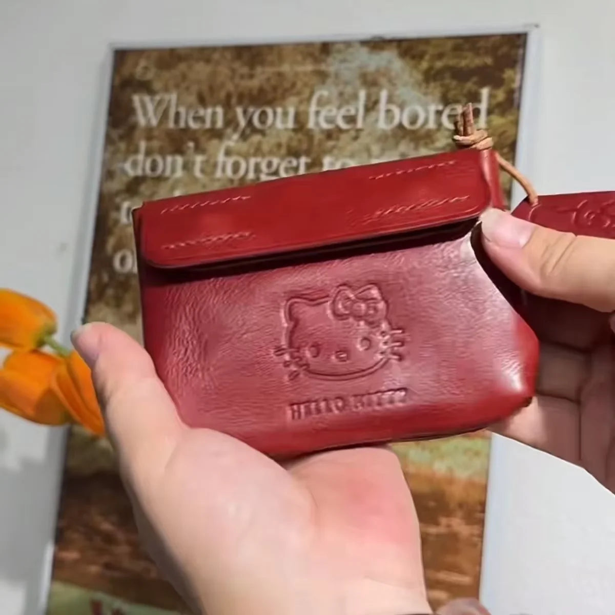 Hello Kitty Red Leather Wallet Retro Portable Mini Coin