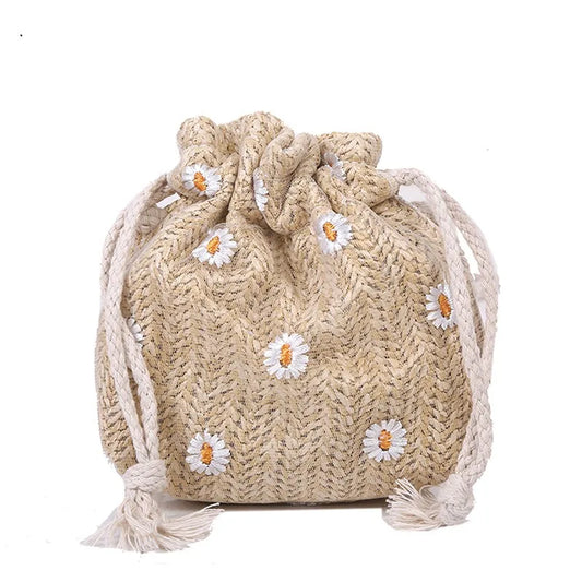 Drawstring Straw Beach Bags Flower Embroidery Bags Lace Crossbody Handbags