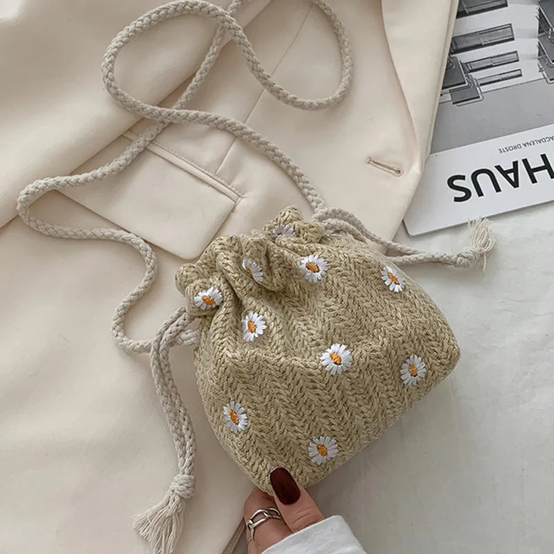 Drawstring Straw Beach Bags Flower Embroidery Bags Lace Crossbody Handbags