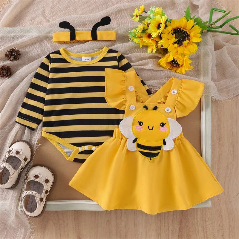 Autumn Skirt Sets Flying Sleeve Romper Bee Beetle Embroidery