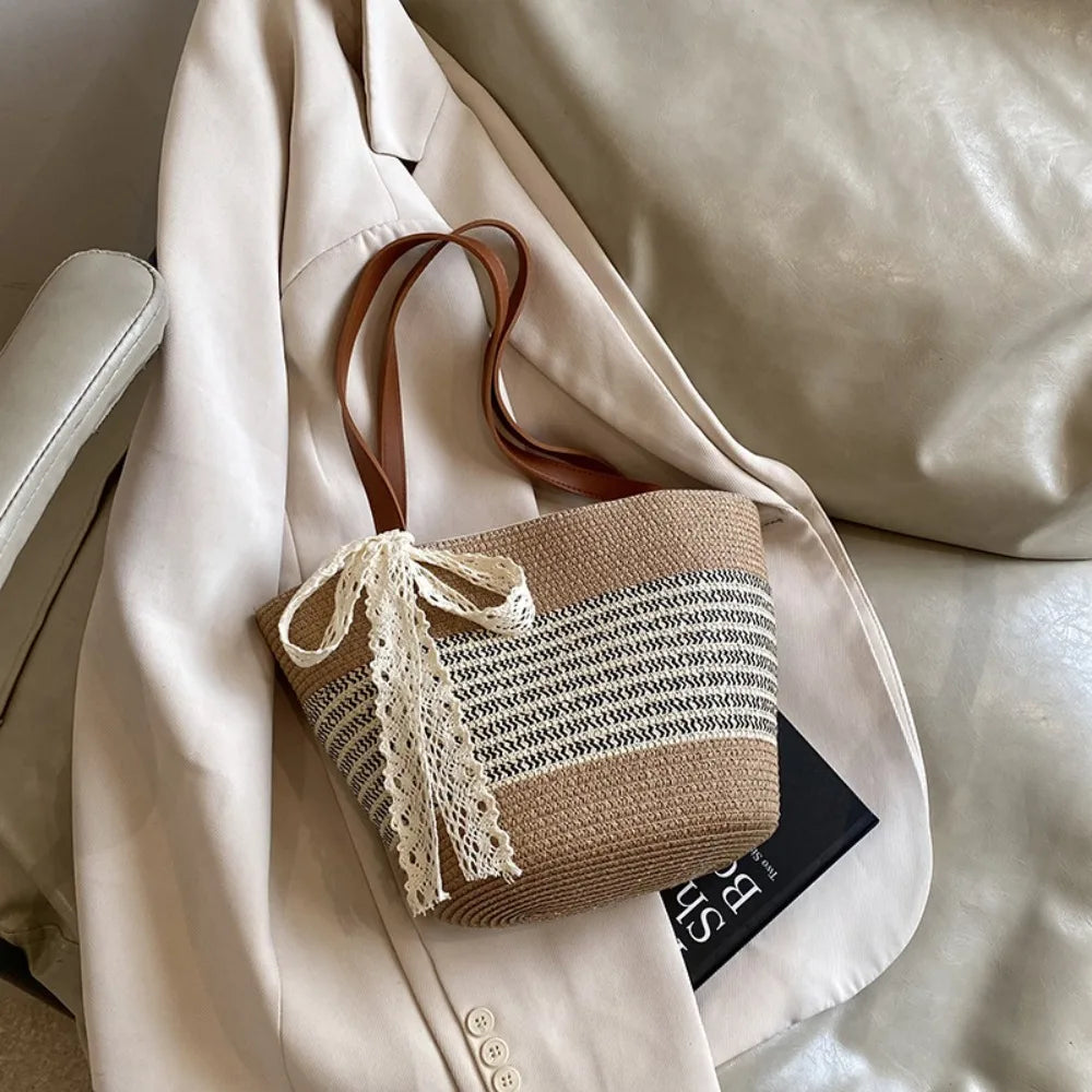 Shoulder Bag Sweet Woven Tote Bag Breathable Lace Ribbon Stripe