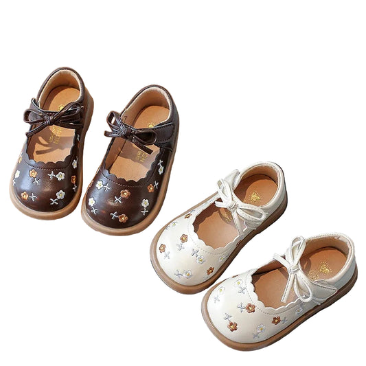 Toddler Girl's Flower Vintage Ruffles Beige Brown Kids Leather Shoe