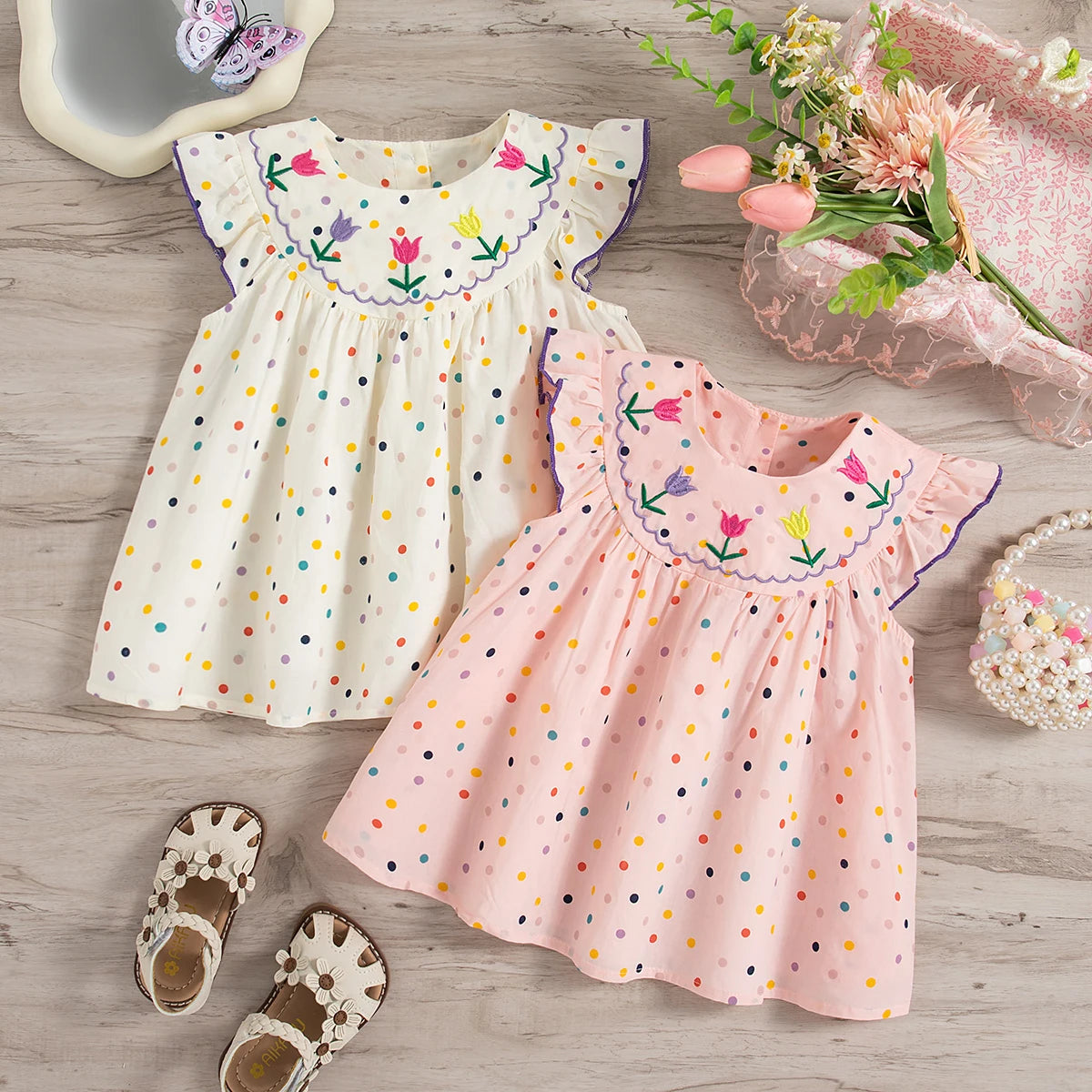 Dress Summer Colorful Polka Dot Flower Embroidery Princess