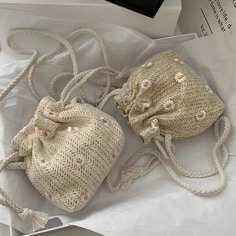 Drawstring Straw Beach Bags Flower Embroidery Bags Lace Crossbody Handbags