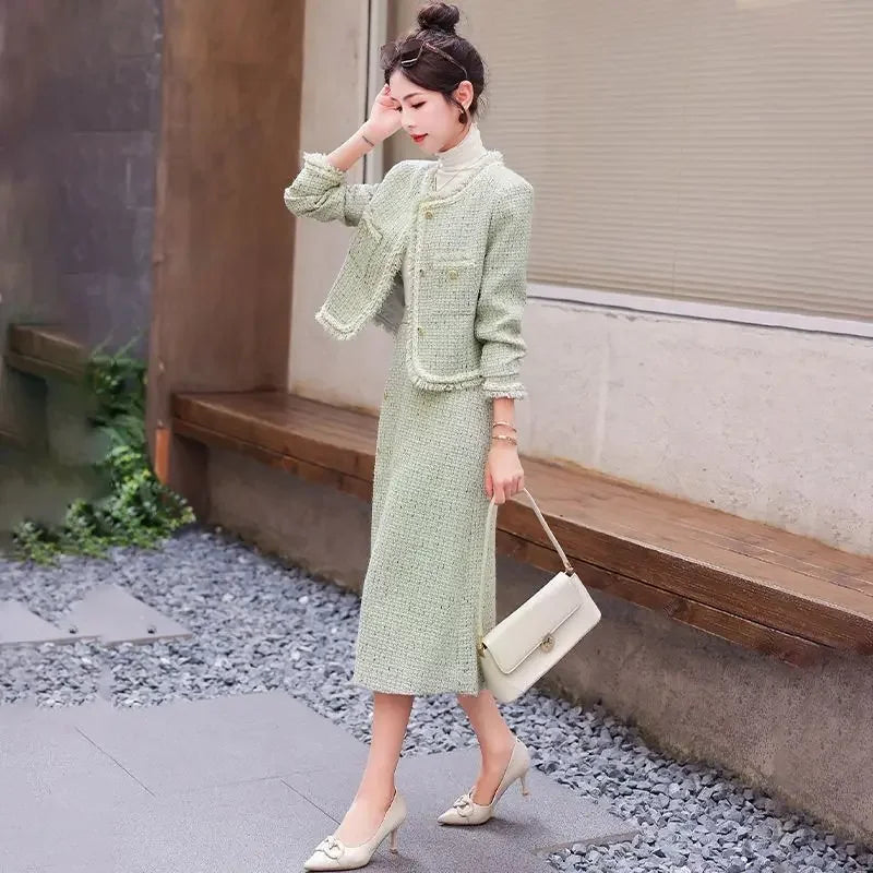 Elegant Tweed Tassel Long Sleeve Jacket Coat + High Waist Skirt