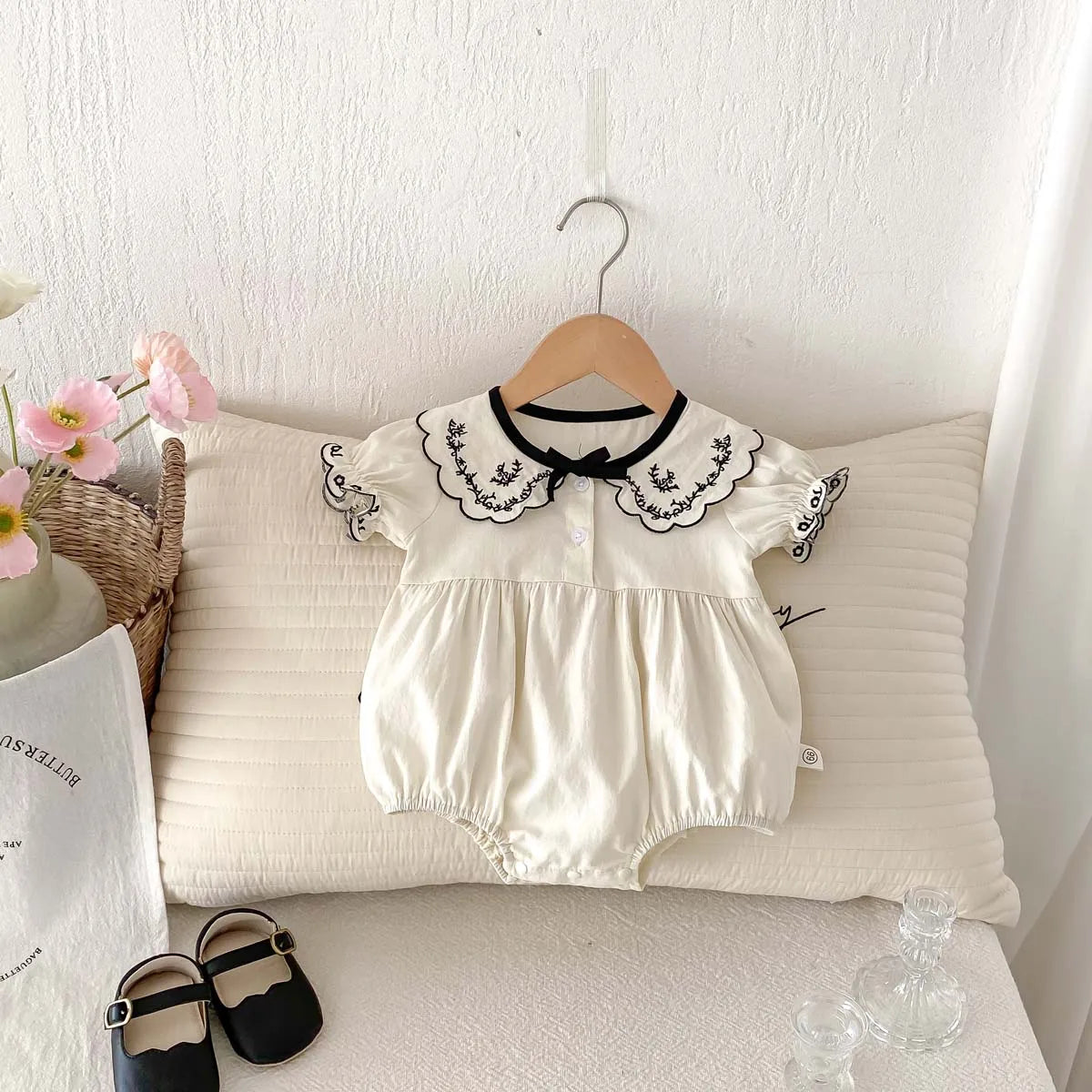 Baby Summer Embroidered Lapel Short Sleeve Triangle Jumpsuit