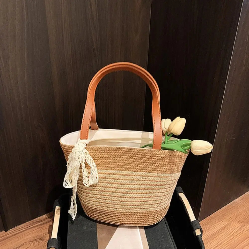 Shoulder Bag Sweet Woven Tote Bag Breathable Lace Ribbon Stripe