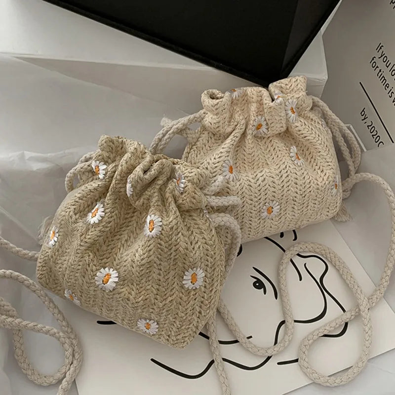 Drawstring Straw Beach Bags Flower Embroidery Bags Lace Crossbody Handbags