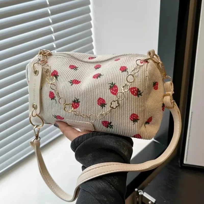 Corduroy Handbag Cute Strawberry Print Little Tote Half Moon Design Eco Cloth Purse