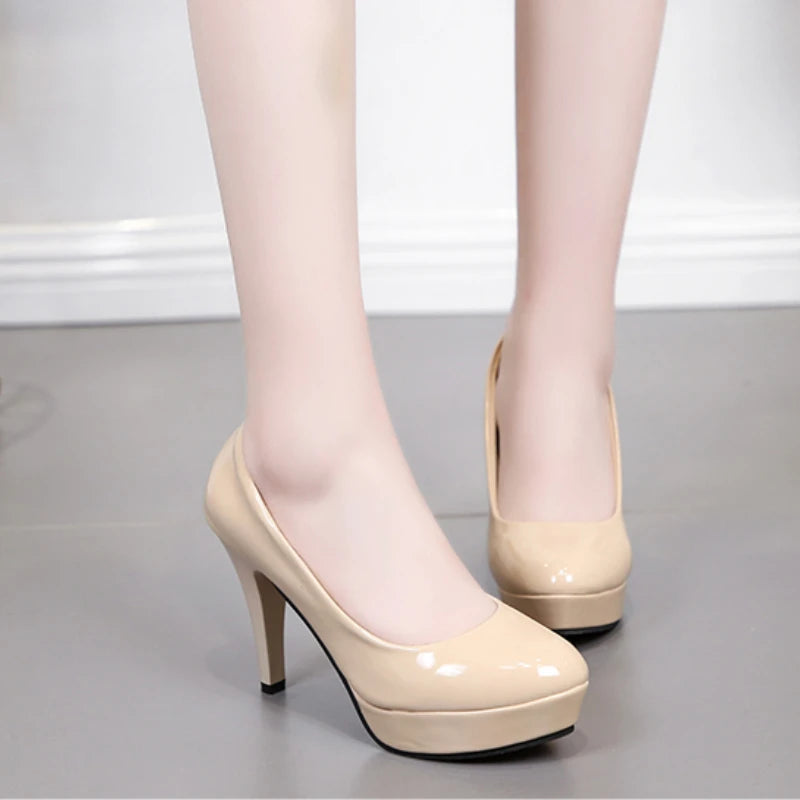 Waterproof platform high heels patent leather sexy round toe stiletto wedding shoes