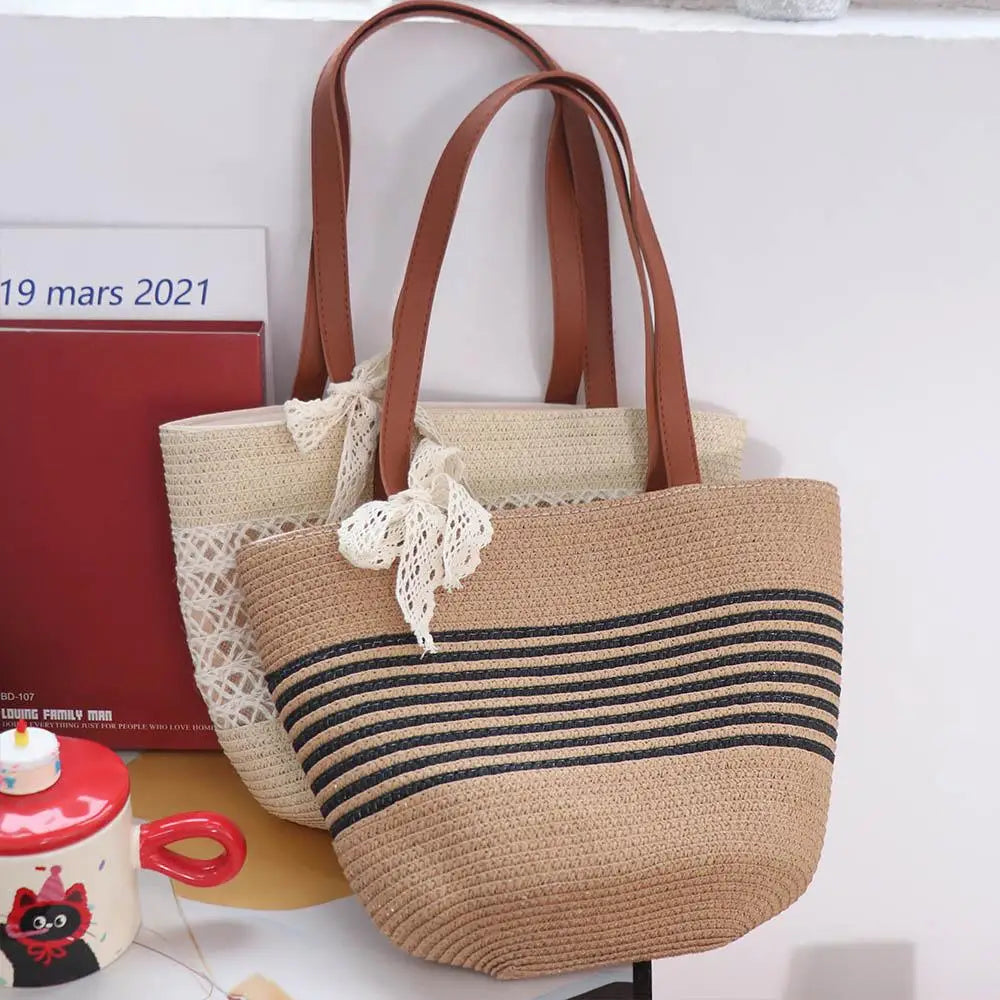 Shoulder Bag Sweet Woven Tote Bag Breathable Lace Ribbon Stripe