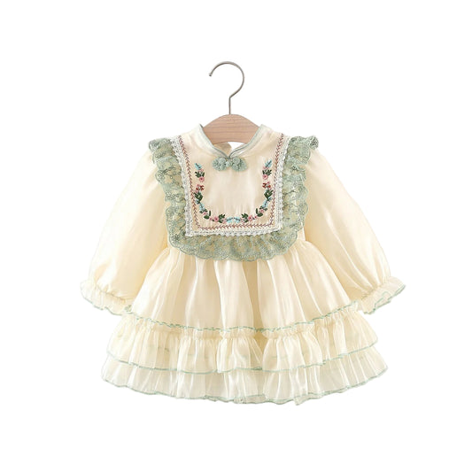 Lace Princess Dress with Embroidered Pan Button Chinese Style Baby Dress