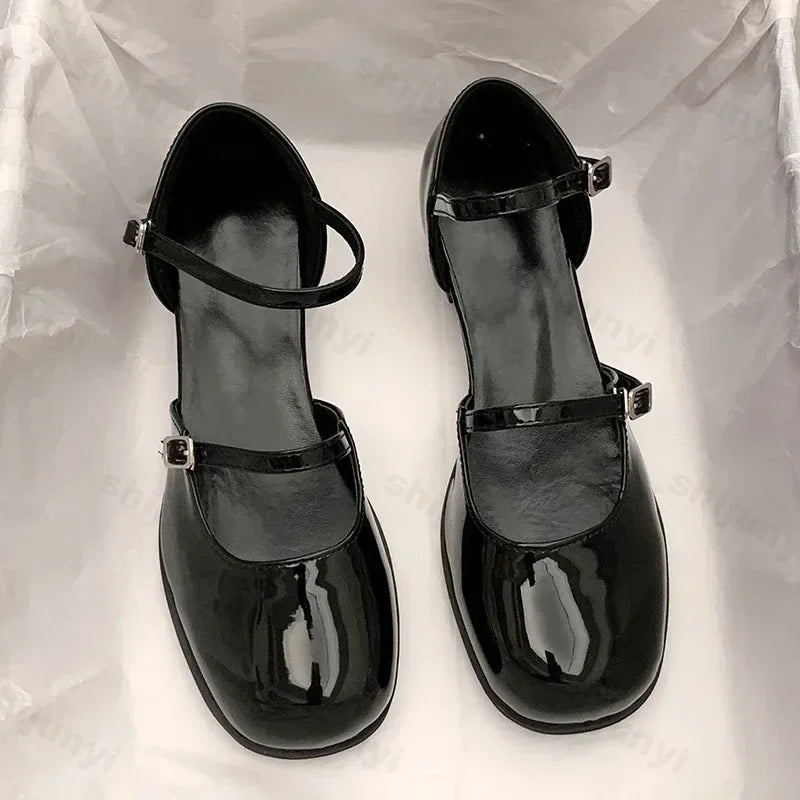 Buckle Pumps Women Elegant Shallow Hollow Thick Heel Casual Shoes