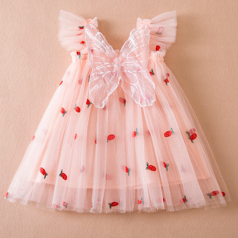 Little Flying Sleeve Dress Children's Bow Strawberry Embroidery