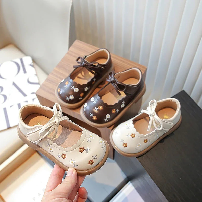 Toddler Girl's Flower Vintage Ruffles Beige Brown Kids Leather Shoe