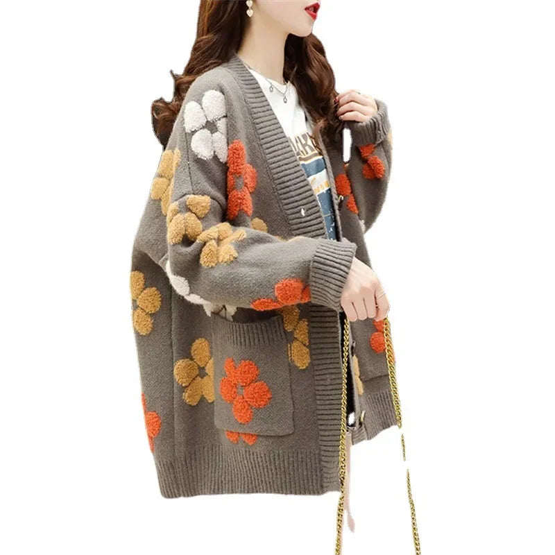 Knit Cardigan Women Sweater Print Floral V Neck Long Sleeved Sweaters