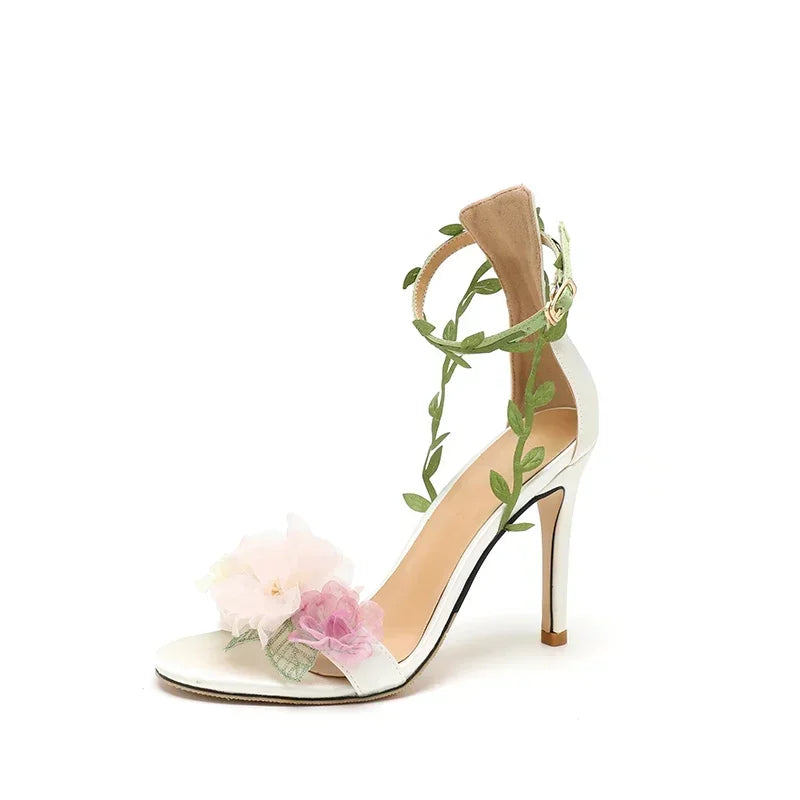 Summer Pink Sweet Chiffon Flower Dream High Heels Lace up Sandals Wedding Banquet