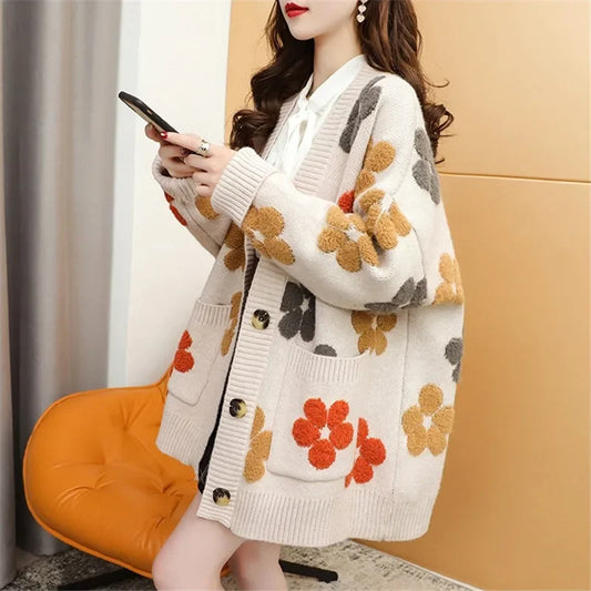 Knit Cardigan Women Sweater Print Floral V Neck Long Sleeved Sweaters