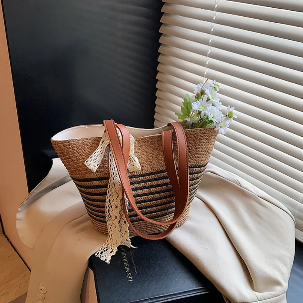 Shoulder Bag Sweet Woven Tote Bag Breathable Lace Ribbon Stripe