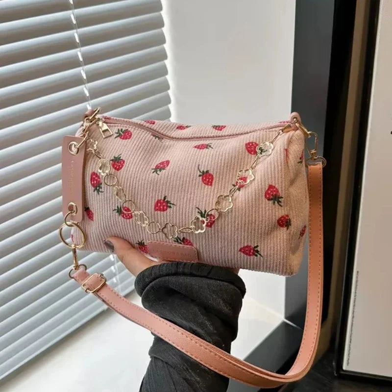 Corduroy Handbag Cute Strawberry Print Little Tote Half Moon Design Eco Cloth Purse