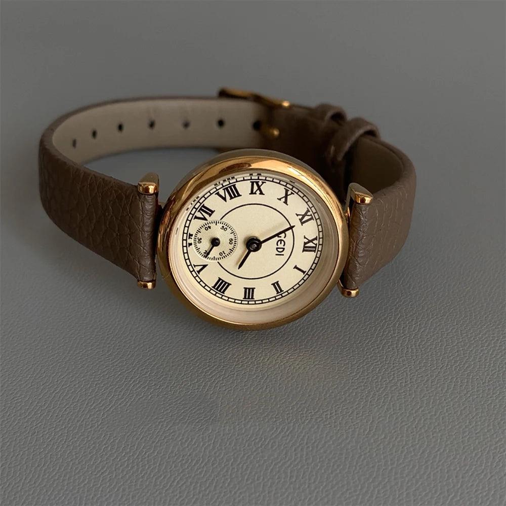 Vintage Temperament Small round dial quartz belt Watch
