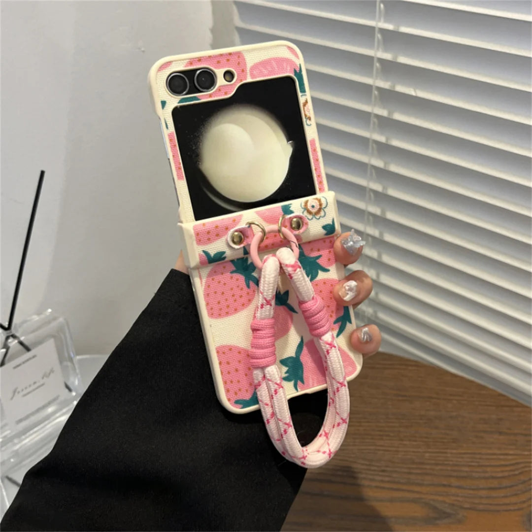Pink Strawberry Portable Rope Phone Case for Samsung Galaxy Z Flip