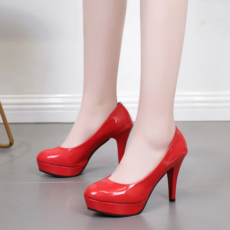 Waterproof platform high heels patent leather sexy round toe stiletto wedding shoes