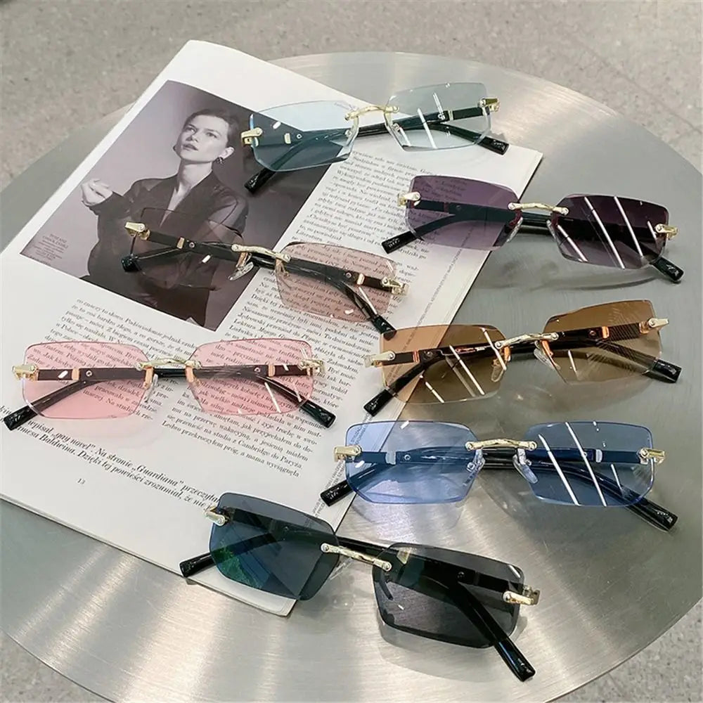 Trendy Rimless Sunglasses Frameless Rectangle Retro Shades Summer