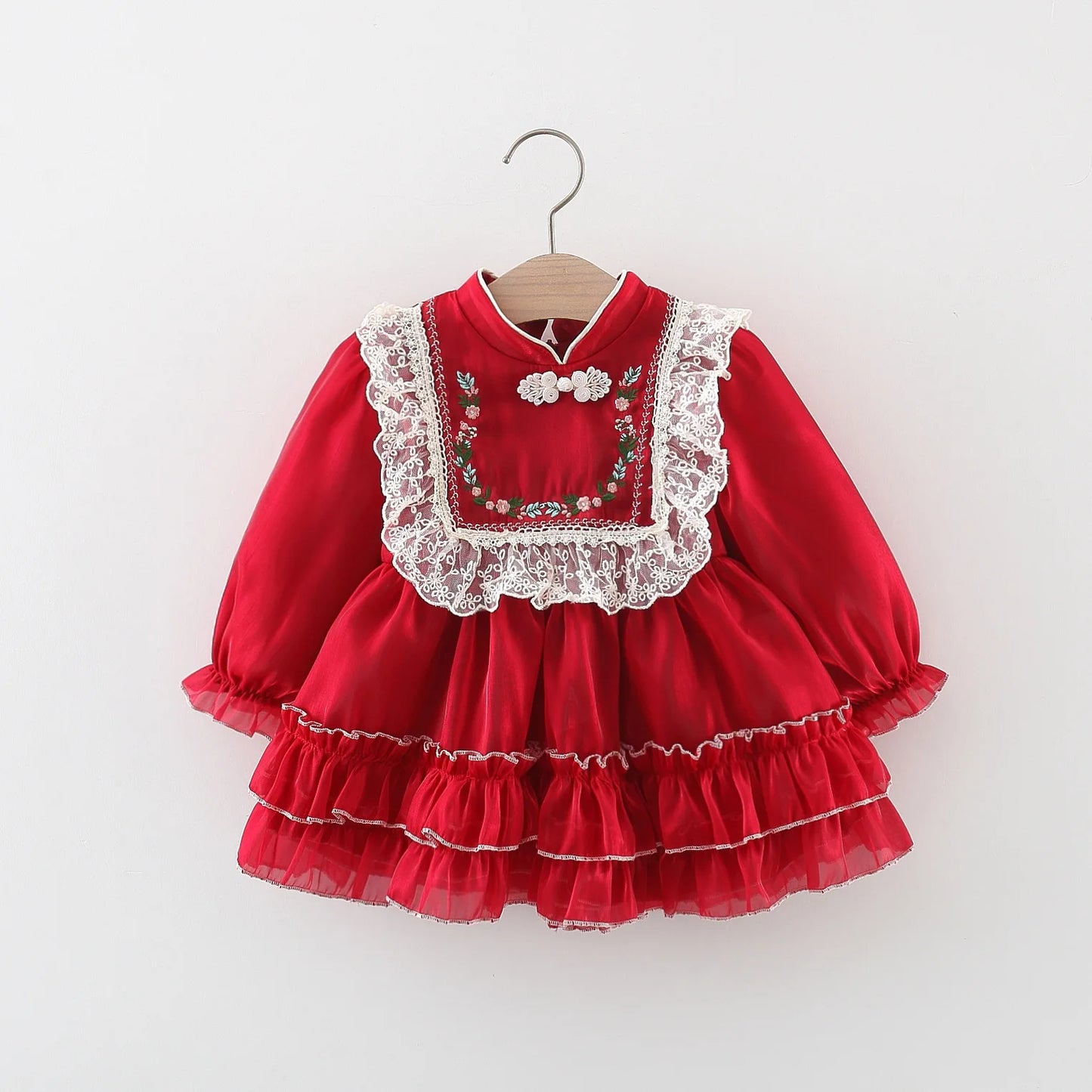 Lace Princess Dress with Embroidered Pan Button Chinese Style Baby Dress